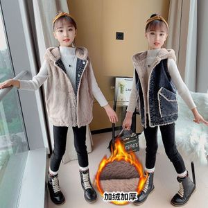 Winter Kinderen Verdikte Plus Fluwelen Katoenen Vest Mouwloze Jas Meisjes Warme Denim Jas Meisjes Aan Beide Kanten Dragen Vest