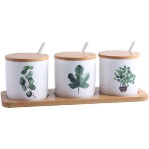 Nordic Plant Keramische Kruiden Jar Set Spice Pot Suiker Zout Peper Container Met Bamboe Deksel Lepel Keuken Kruiden Rek 300ml