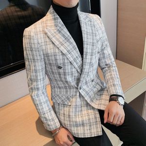 Mannen Koreaanse Business Casual Plaid Blazer Jas Herfst Winter Double Breasted Slim Fit Sociale Smoking Gastheer Jurk Jasje 4XL-M