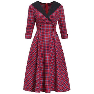 Tonval V-hals Wrap Double Breasted Hoge Taille Tartan Vintage Jurken Voor Vrouwen Herfst 3/4 Lengte Mouw Elegante Plaid jurk