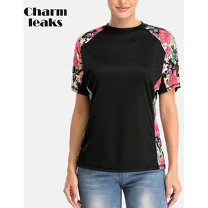 Charmleaks Vrouwen Korte Mouwen sneldrogende Shirt Retro Bloemenprint Rijden Top Rashguard Rash Guard UPF50 + Wandelen Shirts