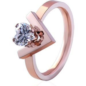Unieke V Vorm Ingelegd Hart Crystal Ring Vrouwen Trouwring Roestvrij Staal Rose Goud Kleur Luxe Liefde ring