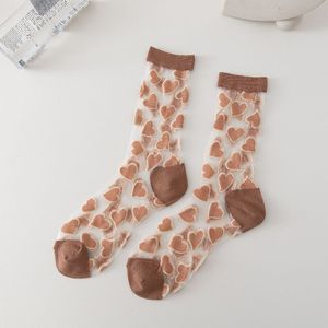 Zomer Vrouw Sokken Japanse Stijl Zoete Crytal Glas Zijden Sokken Hart Print Ultra-Dunne Transparante Meisjes Kawaii Leuke Lange sokken