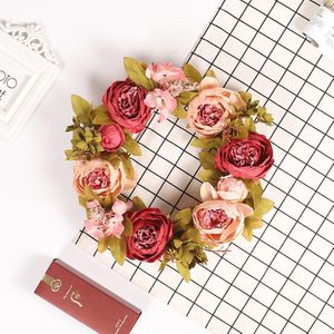 Kunstmatige Bloem Krans Pioen Krans Lente Ronde Krans Voor De Voordeur Feest Bruiloft Home Decor Roze Bloemenkrans Ring