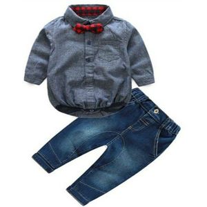 Gentleman Peuter Baby Jongens Herfst Wedding Party Prom Shirt Romper + Jeans 2 stuks Pak Formele Outfits Kleding