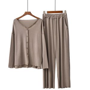 Herfst Dames Pyjama Set Comfort Effen Kleur Vrouwen Sexy V-hals Homewear 2 Stuks Lange Mouw + Broek Casual dragen