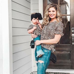 Mode Familie Bijpassende Kleding Mama En Me Moeder En Dochter Kleding Leopard Top T-shirt Blouse Korte Mouw T-shirt