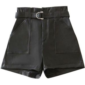 Kpytomoa Vrouwen Chic Met Riem Faux Lederen Shorts Vitnage Hoge Taille Rits Zakken Vrouwelijke Korte Broek Mujer