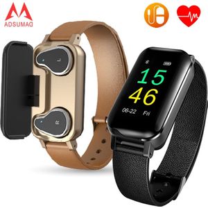 Tws Oordopjes Armband Smart Dual Oortelefoon Band T89 Bluetooth 5.0 Hr Hartslag Tuur Draadloze Fitness Tracker Horloge