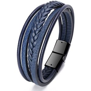 Niuyitid Mannen Blauw Lederen Armband Multilayer Magneet Knop Mannelijke Sieraden Voor Vrouwen