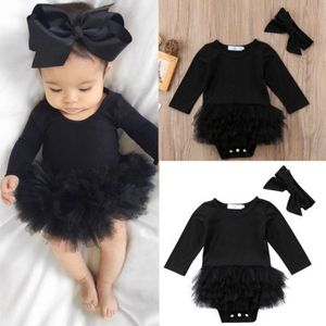 Verkoop Peuter Pasgeboren Baby Meisje Zwarte Lange Mouw Jumpsuit Bodysuit Tutu Jurk Strik Hoofdband Outfit Kleding Set