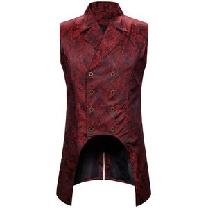Wijn Rood Paisley Jacquard Mouwloze Lange Vest Mannen Double Breasted Revers Brocade Vest Mens Gothic Steampunk Tailcoat