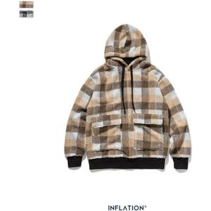 Inflatie Plaid Polar Fleece Hoodie Mannen Streetwear Winter Dikke Capuchon Mannen High Street Hip Hop Oversized Hoodie 9660W