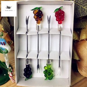 4 Stuks Creatieve Handgemaakte Miniatuur Glas Fruit Ornament Decoratieve Rvs Fruit Vorken Servies Feestartikelen