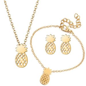 Miss JQ Mode Leuke Rvs Ananas Hanger Neckalce Goud Kleur Armband Stud Oorbellen Sieraden Set Voor Vrouwen