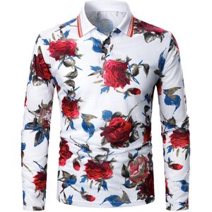 Mode Mannen Casual Fit Slim Shirt Bloemen Gedrukt Kraag Knop Lange Mouw Herfst Tops Camisa Masculina #35