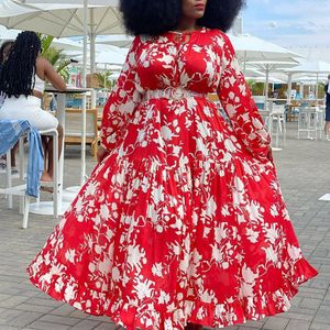 Oversize 5XL Rood Bloemenprint Maxi Jurk Vrouwen Een Lijn Boho Reizen Toevallige Lange Mouw Lente Lange Jurken Plus size Afrikaanse