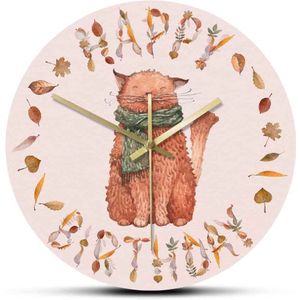 Gelukkige Verjaardag Herfst Bladeren Kat Grote Acryl Muur Opknoping Horloge Nordic Mode Gedrukt Non Tikkende Kitty Kitten Wandklok