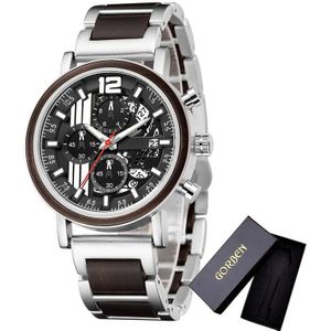 Legering & Hout Gecombineerd Band Horloges Mens Multifunctionele Chronograaf Quartz Kalender Horloge Unieke Staal Houten Klok Mannelijke Reloj