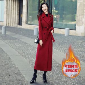 2022 Populaire Vrouwen Herfst Winter Wijn Rode Wollen Trenchcoat Mid-Lengte Vrouwelijke Slanke Elegante All-Match losse Wollen Jassen F227