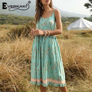 Everkaki Boho Ruches Bloemenprint Lange Jurk Vrouwen Gypsy Beach Dames Maxi Bohemian Slip Jurken Vrouwelijke Lente Zomer