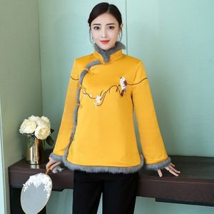 Chinese Jaar Kleding Voor Vrouwen Lange Mouwen Winter Fleece Warme Dikke Gele Chinese Cheongsam Tops Voor Vrouwen FF2476