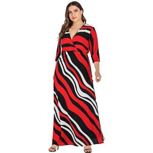 5XL Plus Size Maxi Lange Jurk Vrouwen Zomer V-hals Drie Kwart Mouw Contrast Kleur Gestreepte Jurken Dames Tuniek Boho jurk