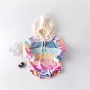 Herfst Casual Hooded Regenboog Gestreepte Romper Voor Pasgeboren Baby Zuigelingen Peuter Kinderen Jongens Meisjes Playsuit Jumpsuit Uitloper S9675