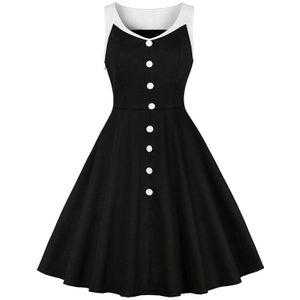 Tonval Vrouwen Single-Breasted Knoppen Zwart Patchwork Vintage Rockabilly 50S Jurk Zomer Mouwloos Katoenen A-lijn Jurken