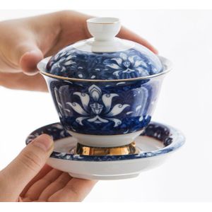Blauw-wit porselein gaiwan Jingdezhen glazuur bedekt kom set met cup schotel deksel Chinese terrine thee kommen op verkoop