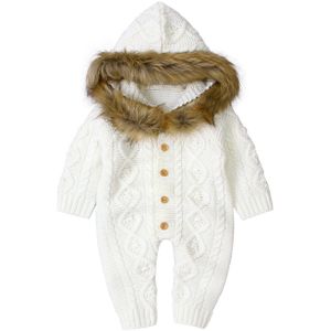Focusnorm 0-18M Winter Baby Jongens Rompertjes Solid Lange Mouw Enkele Breasted Fur Hooded Knit Warm Jumpsuits