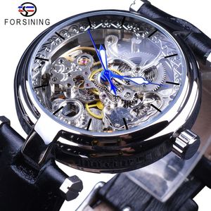 Forsining Mode Zilveren Beweging Skeleton Horloges Blauw Lichtgevende Handen Lederen heren Mechanische Horloge Waterdicht Man Klok
