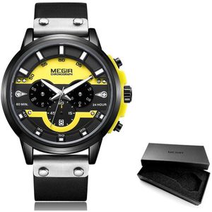 Megir 24 Uur Chronograaf Quartz Horloges Waterdicht Casual Lederen Horloge Voor Man Lichtgevende Handen Sport Horloge 2080 Geel