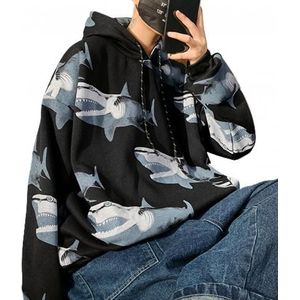 Hooded Plus Fluwelen Gedrukt Shark Hoodies Trui Mannen Lente Herfst Hip Hop Streetwear Man 'S Sweatshirt Losse Top jas