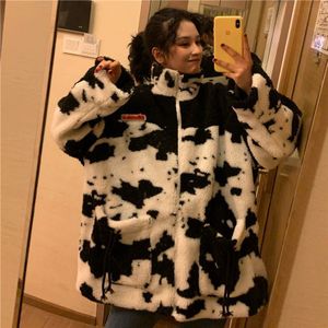 Koe Patroon Winter Gewatteerde Jas Patchwork Parka Hip Hop Jasje Voor Vrouwen Fleece Warm Uitloper Windjack Streetwear Harajuku