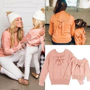 Mama en Me Familie Matching Truien Kleding Moeder Dochter Roze Solid Strik Sweater Jumper Tops