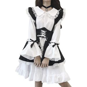 Vintage Black White Gothic Lolita Maid Dress Women Japanese Kawaii Flare Sleeve 2 Piece Sets Girls Halloween Cosplay Costumes