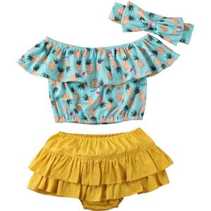 Zomer Kinderkleding Sets 0-24M Baby Meisjes Bloem Ruches Mouwen Crop Top + Shorts Hoofdband 3 Pcs outfits Set Sunsuit