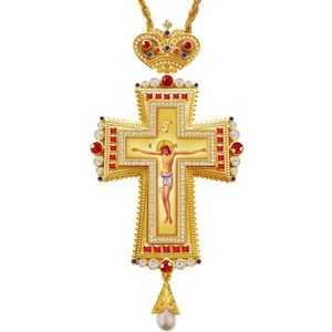 Borstvinnen Kruis Ketting Red Zircons Kristallen Orthodoxe Griekse Kruisbeeld Sieraden Borstvinnen Cross Chain Religieuze Ambachten