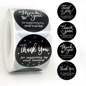 3.8Cm Zilver & Goud Dank U Stickers Voor Ondersteunende Mijn Kleine Business Ronde Balck Label Stickers Voor Verpakking Afdichting stickers