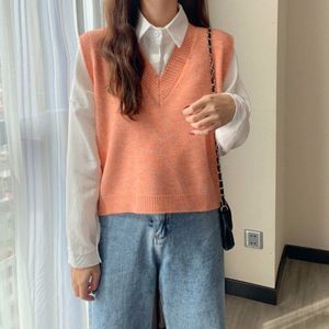 Mode Herfst Vrouwen Trui Vest Koreaanse Elegante Student V-hals Trui Losse Casual Breien Tops Bovenkleding + Dieptepunt
