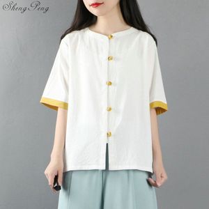 Vintage Chinese Kleding Chinese Top Qipao Top Katoen En Linnen Korte Mouwen Top Vrouwen Tang Stijl Blouse Button Shirts v1880