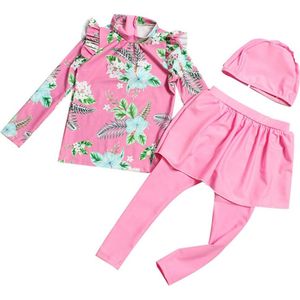 Leuke Bloem Gedrukt Badpak Set Kinderen Zwemmen Lange Mouwen Tops en Broek Anti-Uv Baby Meisjes Badpak ASD88