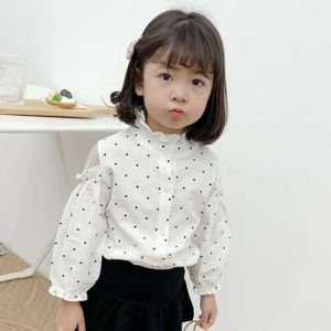 Herfst Koreaanse Girls 'Shirt Buitenlandse Stijl Lange Mouwen Katoenen Stand-Up Kraag Vest Kinderen Ronde wave Dot Shirt