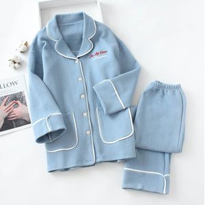 Vrouwen Katoenen Pyjama Set Nachtkleding Warm Winter 2 Stuks Home Service Brief Borduurwerk Lange Mouwen En Broek Pyjama pak