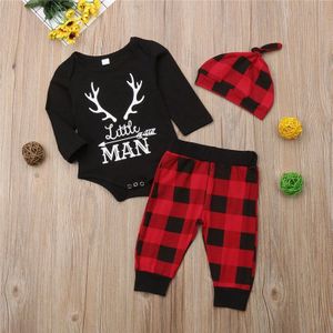 PUDCOCO Pasgeboren Baby Jongens Katoen Rode Plaid Kleding Sets Tops Romper Herten Lange Broek Hoed 3 pcs Kids Casual Outfits 0-18 M