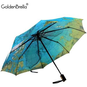 Volledige Automatische Drievoudige Blauwe Kaart Paraplu Regen Vrouw Persoonlijkheid Vouwen Ultralichte Zon Reizen Man Anti-Uv paraplu