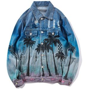 Denim Jeans Jacket Mannen Streetwear Kokospalm Bedrukte Tie Geverfd Gaten Ripped Vintage Hip Hop Motorfiets Cowboy Casual Jas