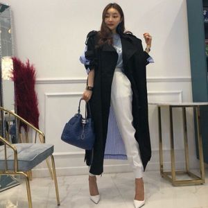Koreaanse Mode Gestreepte Patchwork Windjack voor Vrouwen Lange Mouwen Lace Up Trenchcoat Vrouwelijke Herfst Oversized Lange Jas