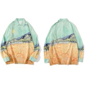 Gonthwid Landschap Print Lange Mouwen Hawaiiaanse Strand Shirts Streetwear Heren Harajuku Casual Button Blouse Tops